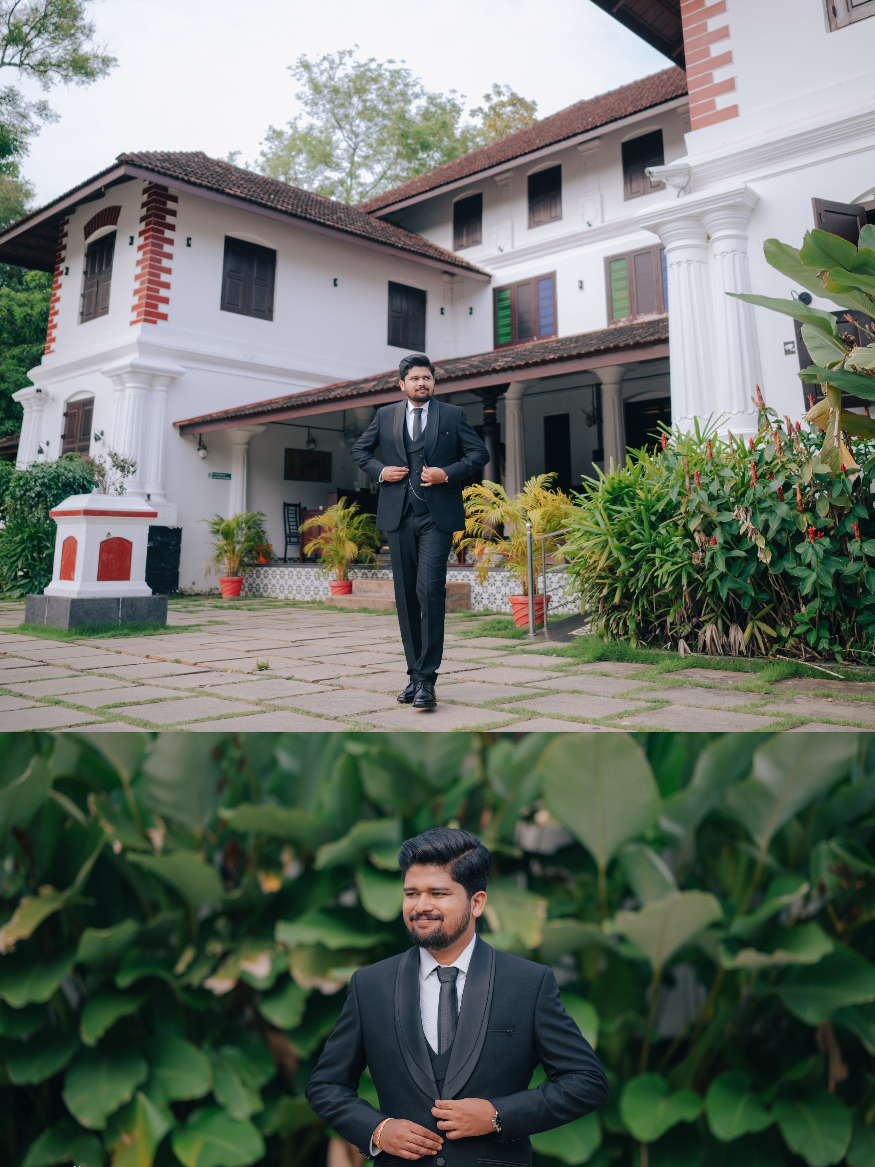 Groom walking through a heritage courtyard